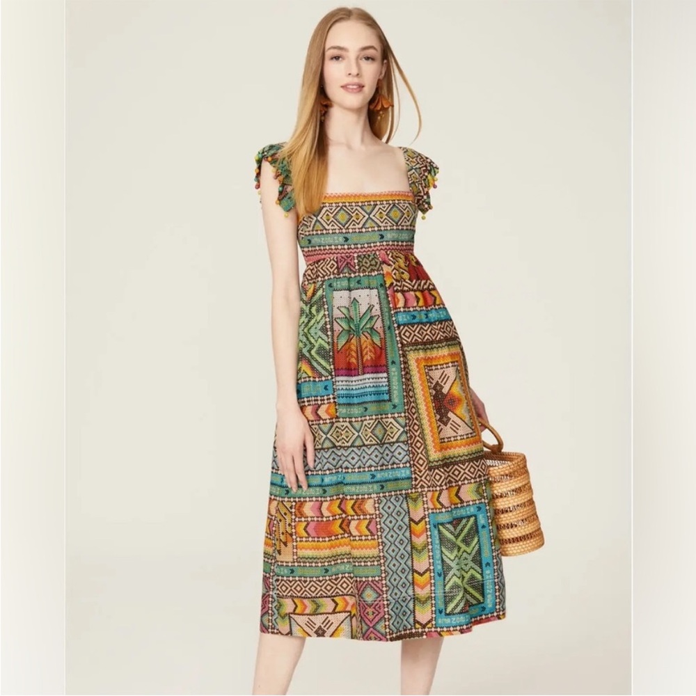 Farm Rio Banana Scarves Square Neck Mini Dress beads ruffle straps Multicolor